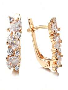 1 Pair Elegant White Cubic Zirconia Champagne Gold Plated Women's Earrings, Suitable For All Special Celebrations Throughout The Year, Enhance Your Charm - White - View 8