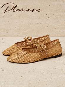 Women's Minimalist Patchwork Breathable Mesh Slip-On Square Toe Flat Brown Shoes With Adjustable Slip-On Buckle, Comfortable And Secure Fit, Suitable For Daily Commute, Dating And Vacation - Brown - View 3