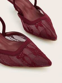 Women's Solid Color Mesh Fashion Classic Minimalist Comfortable Breathable Daily Versatile Thin Heel Naked Strap Open Back Pointed Toe High Heel Sandals - Burgundy - View 3