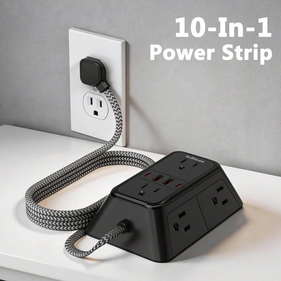 5ft Braided Extension Cord Power Strip Surge Protector, 10-In-1 Multi-Outlet Expander With 6 AC Outlets, 2 USB-C And 2 USB-A Fast Charging Ports, Ultra-Thin Flat Right Angle Plug, Wall Mountable, Suitable For Home, Office, College Dorm, Travel - Black - View 1