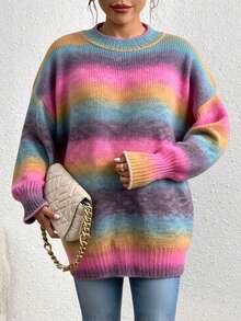 Fashionable Women's Plus Size Long Sleeve Rainbow Sweater, Round Neck Drop Shoulder Knit Pullover, Autumn/Winter Women's Clothing - Multicolor - View 6