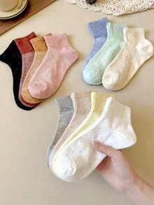 1/3/5/10 Pairs Women's Random Polka Dot Yarn Solid Color Minimalist Short Socks - Multicolor - View 3