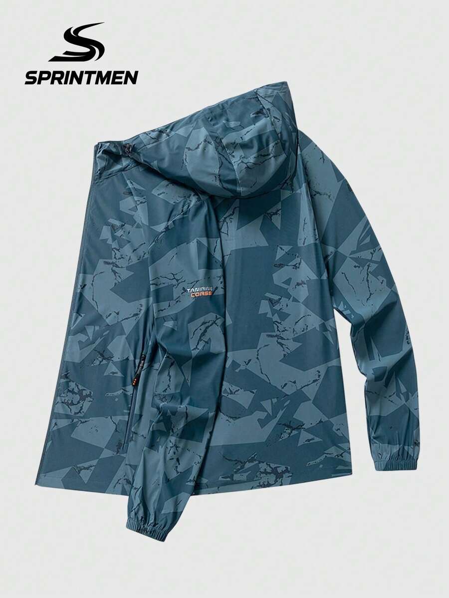 1pc Moisture-Wicking Hooded Outdoor Casual Jacket, Lightweight Geometric Print, Suitable For Daily Outdoor Activities, Running, Hiking, Cycling In Summer, Washable Men's Jacket - Dark Green - View 1