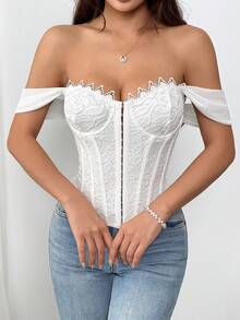 EZNV Atasan Bustier Tanpa Bahu Berenda Putih, Kancing Depan, Korset Pinggang, Atasan Pendek Seksi - Putih - View 1