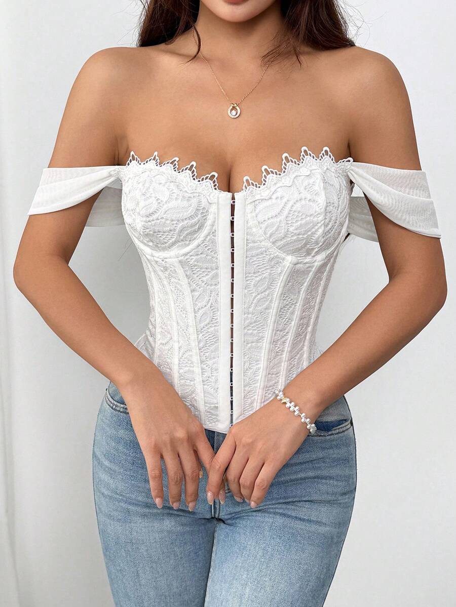 EZNV Atasan Bustier Tanpa Bahu Berenda Putih, Kancing Depan, Korset Pinggang, Atasan Pendek Seksi - Putih - View 1