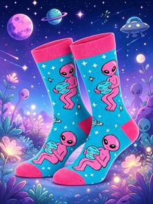 1 par de calcetines de media caña para hombre con divertido patrón de alienígenas, diseño de dibujos animados de planeta espacial, calcetines de otoño/invierno, regalo de Halloween/Navidad para hombres - Multicolor - Ver 10