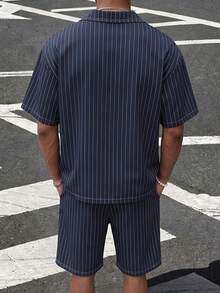 Men's Blue Casual Outdoor Minimalist Striped Shirt And Shorts Fashion Set - Black - View 2