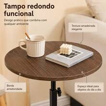 Mesa Lateral Redonda Regulável Altura Cor Imbuia, Tampo Diâmetro 40cm, Altura 40 a 75cm, Suporte Metálico Preto e Base Redonda Ponderada, Ideal ao Lado do Sofá e Áreas de Lazer da Sala - MesaLateral-RedondaRegulavel-NogalPreto - Visão 9