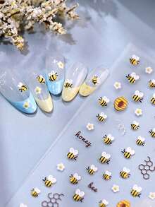 1pc 5D Embossed Cute Bee & Flower Nail Stickers, Spring Daisy Bee Pattern Summer Floral Bee Nail Decals, DIY Nail Art Decoration For Women - Multicolor - View 6