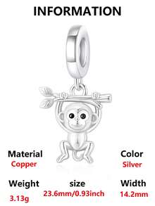 1pc Cute Animal Pendant For Valentine's Day, Rabbit, Penguin, Squirrel, Bear, Monkey Charm, Fits Snake Chain Style Bracelet, Girls DIY Jewelry Birthday Holiday Gift - Silver - View 16