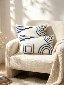 1pc Blue & White Tufted Geometric Throw Pillow Cover 18*18 Inches, 3D Textured Decorative Cushion Case, Abstract Bohemian Style Sofa Pillow Cover, Suitable For Living Room, Bedroom, Sofa And Coastal Home Decor - Blue and White - View 1
