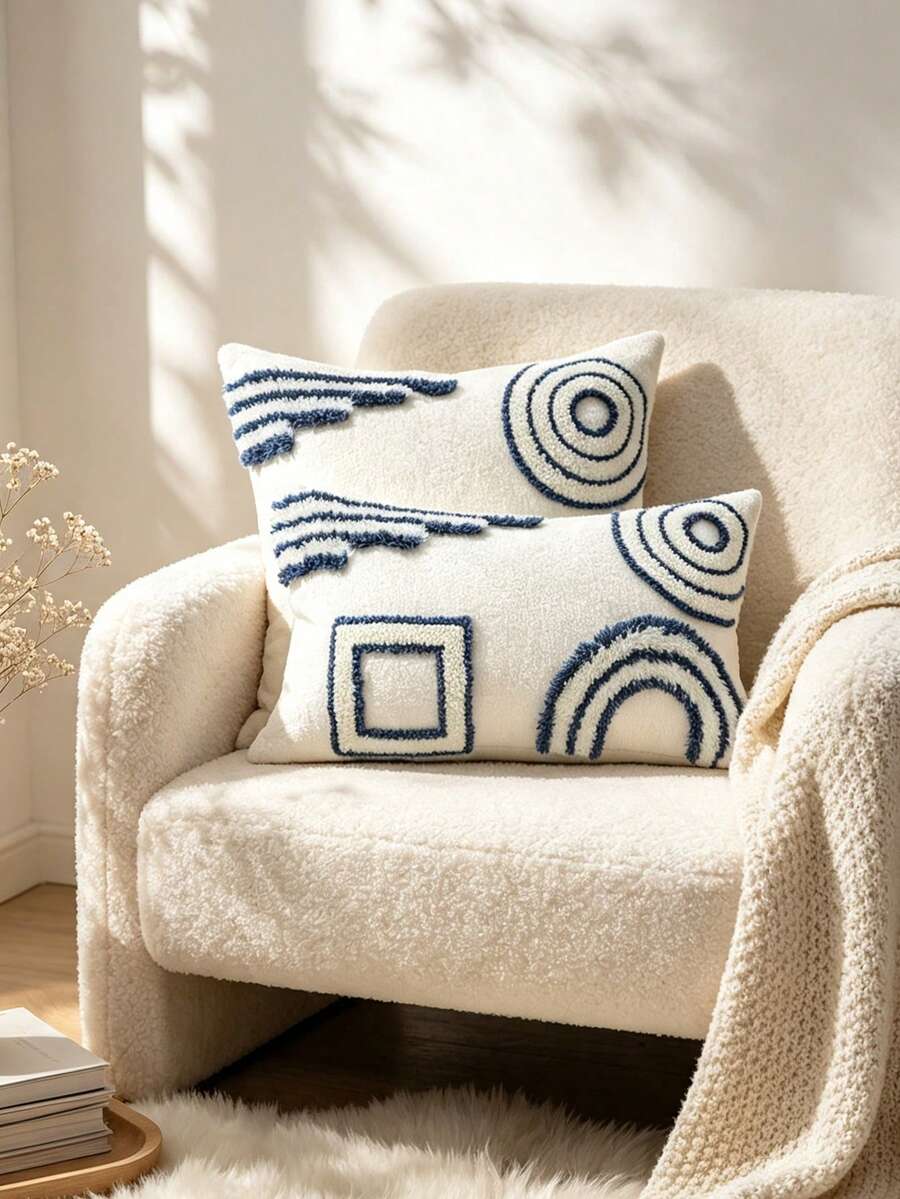 1pc Blue & White Tufted Geometric Throw Pillow Cover 18*18 Inches, 3D Textured Decorative Cushion Case, Abstract Bohemian Style Sofa Pillow Cover, Suitable For Living Room, Bedroom, Sofa And Coastal Home Decor - Blue and White - View 1