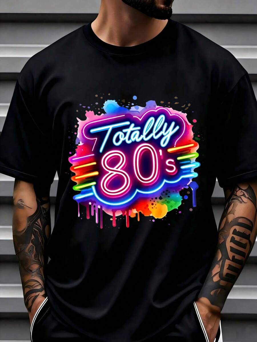 Retro Neon Style, Men's-Shirt, Totally 80s Graphic Design, Summer Casual Wear, Dad Or Boyfriend - Black - View 1