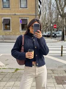 Joy Knit 女款針織毛衣 秋冬時尚新款 百搭上衣 簡約休閒百搭款 高領高領抽繩鈕扣設計 - 寶藍色 - 查看 4