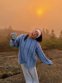 Women's Autumn/Winter Vintage Slouchy Casual Colorblock Vertical Striped Knit Sweater - Blue - View 2