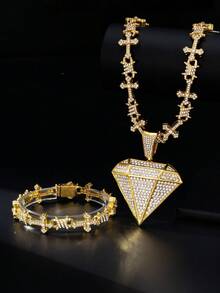 Iced Out Thorn Cross Chain Necklace & Bracelet Set, Full Rhinestone Diamond Shape Pendant Hip Hop Jewelry Set For Men,Party Club Daily Wear - Hip Hop Cross Thorn Set - View 6