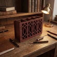 1pc 4-Compartment Wooden Hollow Floral Pattern Double-Sided Wood Grain Theme Remote Control Box, Pen Holder And Other Items Desktop Storage Box. Suitable For Kitchen And Home Decor Large Storage Space. Harvest Gift, Small Gift For Colleagues, Holiday Gift - Redwood - View 4