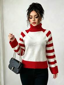 Women's Classic Red & White Colorblock High Neck Knit Sweater, Raglan Sleeves, Horizontal Stripes, Ribbed Cuffs & Hem, Loose Fit, Soft & Warm Pullover Top, Casual Everyday Wear For Autumn/Winter - Red and White - View 4