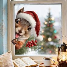 1pc Reusable Christmas Squirrel Window Sticker, Double-Sided Visible PVC Static Cling Glass Decal, Suitable For Kitchen, Bedroom, Office, Bathroom And Home Decor - Window Stickers - View 2