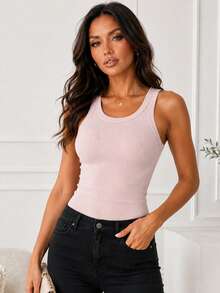 ChicMe Sleeveless Ribbed Knit Tank Top, Fitted Style, Basic Casual Everyday Wear For Women Elegant Pink Summer - Pink - View 7