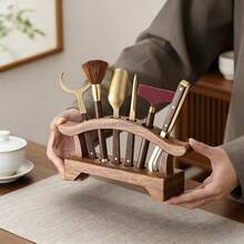 1pc Walnut Wood Tea Set Storage Rack, Six Gentlemen Tea Utensil Holder, Tea Art Decor, Makeup Brush Storage Display Stand, Suitable For Tea Room, Vanity, Desktop Organization - Mocha Brown - View 10