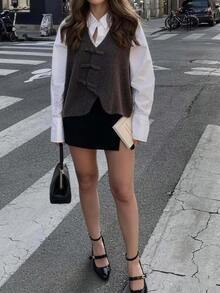 Women's Dark Brown V-Neck Knit Vest, Asymmetric Wrap Bow Button Sleeveless Sweater Waistcoat, Casual Layering Top For Fall Winter - Brown - View 9