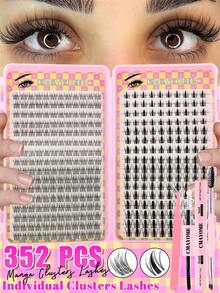 352Pcs Wispy Manga Comic Eye Lash Clusters, 8‑16mm Mixed Length Individual Eyelashes With Bond Seal Glue & Tweezer, DIY At‑Home Lash Extension Kit For Beginners - Pink - View 2
