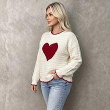 Plus Size Women's Cute Cable Knit Heart Sweater, Drop Shoulder Long Sleeve Crew Neck Knit Top, Soft Slim Fit Pullover - White - View 3