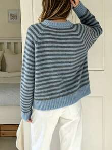Women's Striped Casual Daily Wear Long Sleeve Sweater - Navy Blue - View 2