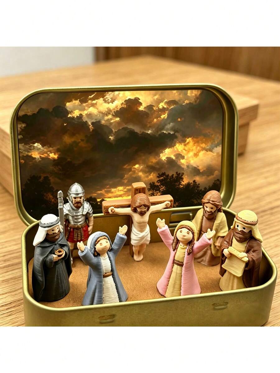 Metal Tin Box Jesus Nativity Scene Set, Holy Family Figurines, Portable Jesus Birth Desktop Decoration, Religious Christmas Home Bookshelf Decor Gift, Holiday Collectible Gift - Multiple Styles - View 1