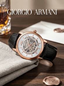 Armani Men's Automatic Mechanical Watch, Silver Hollow Dial, Black Crocodile Leather Strap, 30m Water Resistant AR60007 - Rose Gold - View 2