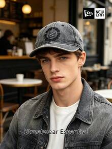 New Era Grey Washed Baseball Cap, Classic Curved Brim Embroidered Logo Hat, Adjustable Casual Sports Cap, Unisex Street Style Accessory - Dark Grey - View 1