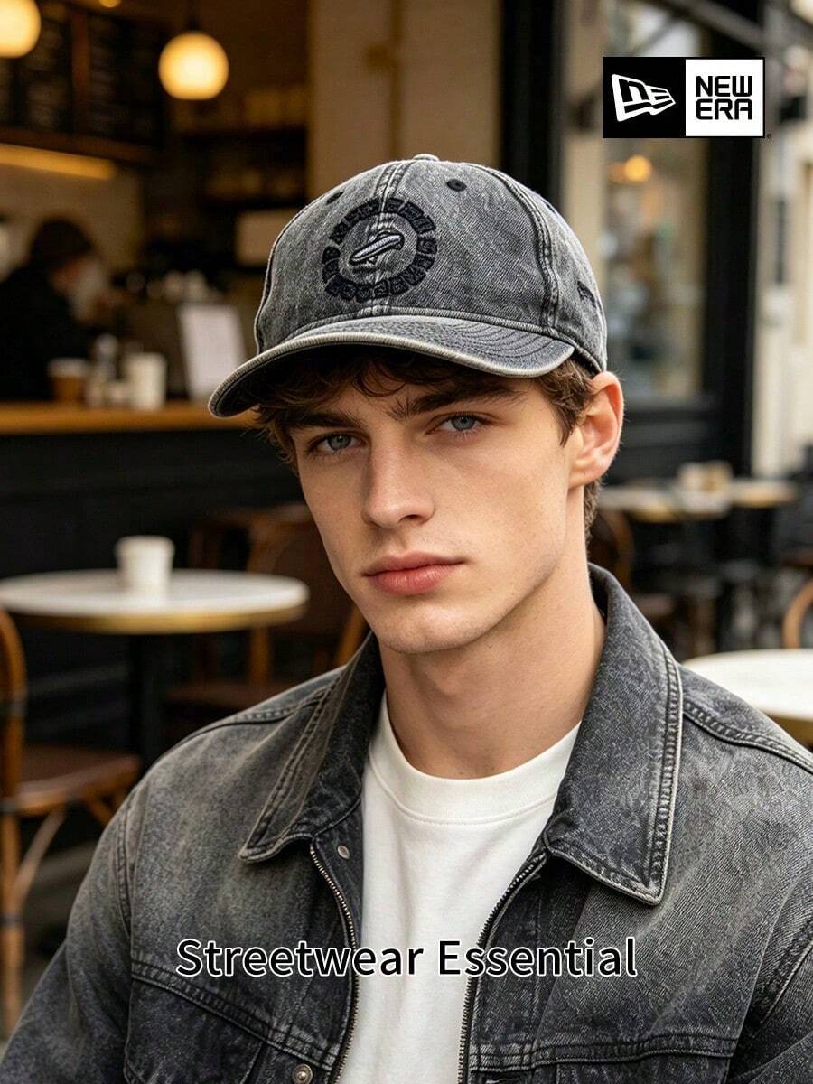 New Era Grey Washed Baseball Cap, Classic Curved Brim Embroidered Logo Hat, Adjustable Casual Sports Cap, Unisex Street Style Accessory - Dark Grey - View 1