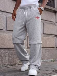 MAISONFOX Men's Grey Patchwork Loose Pants, Red Letter Print, Drawstring Waist, Adjustable Hem, Cargo Pants, Retro Hip-Hop Style Sweatpants - Light Grey - View 11