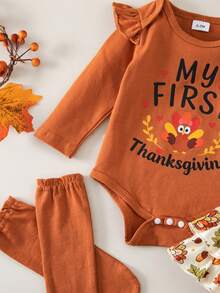 2pcs Baby Girl Cute Turkey Pattern Long Sleeve Bodysuit, Shorts, Socks, Headband Set, Thin Spring/Autumn Holiday - Mocha Brown - View 7