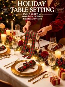 Red And Green Plaid Ribbon With Luxurious Gold Trim Pattern, Suitable For Gift Wrapping, Holiday Celebrations, Making Bows, Wreaths And Other DIY Crafts - Multicolor - View 3