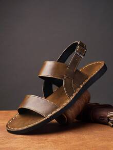 Men's Vintage Business Summer Roman Sandals, 39-48 Size Microfiber Soft Leather Back Strap, Non-Slip Beach Vacation Daily Versatile Sandals - Brown - View 1