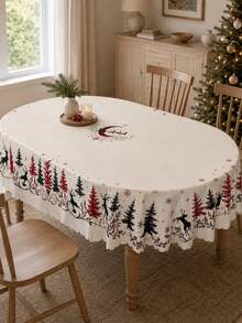 1pc Cream Winter Forest Tablecloth, Minimalist Polyester Rectangular Tablecloth With Reindeer Silhouette, Snowflake, Tree And Moon Pattern, Suitable For Kitchen Decor, Home Decor, Room Decor, Christmas Home Decor And Classroom Decor - Multicolor - View 6