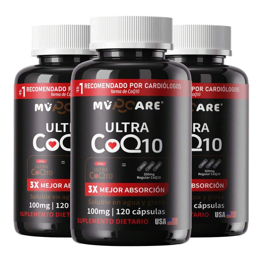 Suplemento de CoQ10 100 mg, CoQ10 Soluble en Agua y Grasa. Absorción Máxima Garantizada,antioxidante, beneficioso para la salud del corazón y la producción de energía, Suplemento de coenzima Q10 - MVPCARE 120 cápsulas blandas - Tres botellas - Ver 1