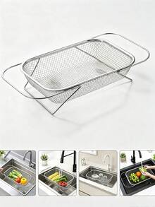 1pc Stainless Steel Over-The-Sink Colander Strainer Basket, Expandable Over-The-Sink Colander Basket, Expandable Rectangle Fine Mesh Kitchen Utensils With Handles Silver 4-In-1 Practical Kitchen - One Size - View 2