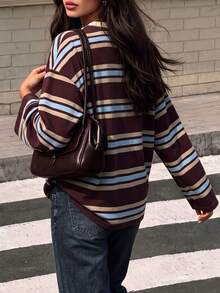 Women Fall Elegant Striped Crew Neck Long Sleeve Loose Tee, Color Block Stripe Print Casual Tops Daily Commute Holiday Festival - Multicolor - View 3