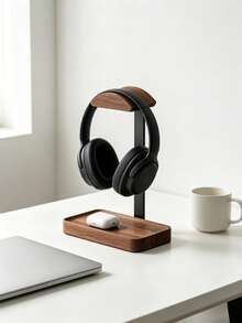 Minimalist Wooden Headphone Stand, Dual Storage Desktop Headphone Organizer, Suitable For Earbuds And Headphones, Minimalist Home Office Decor Desktop Rack - Brown - View 9