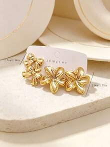4-16pcs Women's Elegant Gold Stud Earrings Set, Exaggerated Large Five-Petal Flower, Bow, Shell, Conch Series Earrings Set, Made Of ABS Resin Material With High Color Retention Gold Plating Process, Resistant To Fading, Friendly To Sensitive Ears, Suitable For Daily Commute, Dating, Vacation And Holidays - Gold - View 3