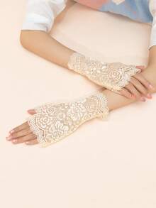 1 Pair New Wavy Edge Rose Lace Fingerless Gloves, Dark Style Photography & Party Decorative Gloves - Black - View 3