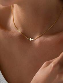 1pc Fashion Versatile Casual Minimalist Cross Necklace - Yellow Gold - View 2