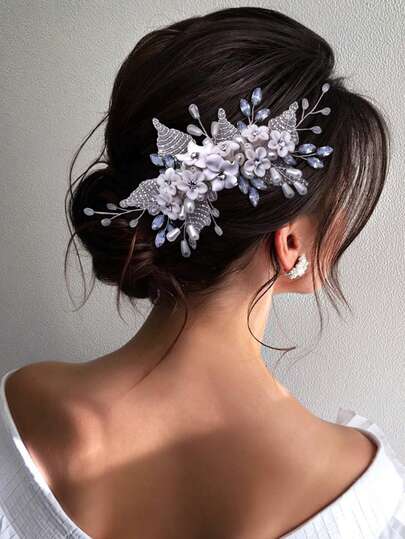 1pc Elegant Handmade Beaded Soft Clay Flower Decorative Hair Comb, Women's Accessory For Holiday, Ball, Party