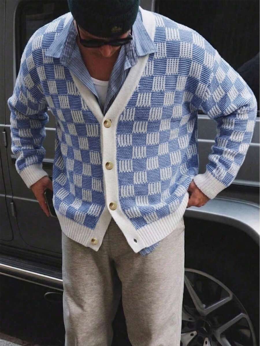 YONGC Men's Autumn/Winter New Fashion V-Neck Long Sleeve Button-Up Contrast Color Checkerboard Knit Cardigan, Minimalist Casual Versatile Commute Checkerboard Knit Top, Street American Retro Relaxed Style - Blue and White - View 1
