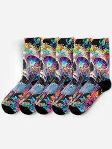 Cool 360° Printed Men's Socks - Streetwear Socks,Colorful Flower Skull,Undead Art Style,Colorful,Funny Socks, Fit Daily, Holiday & Party Occasions - Multicolor - View 4