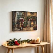 1pc Vintage Christmas Canvas Wall Art, Santa Claus Painting, Cottagecore Christmas Decor, Christmas Tree Painting Optional Frame Room Decoration Stuff - Multicolor - View 1