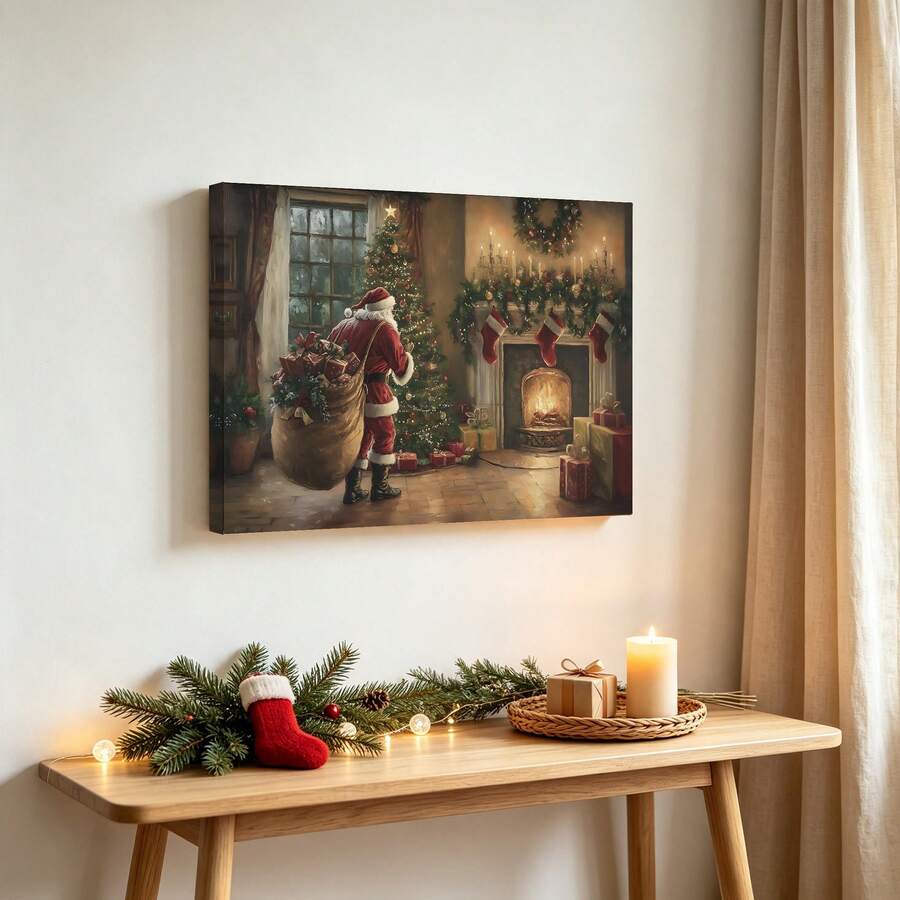 1pc Vintage Christmas Canvas Wall Art, Santa Claus Painting, Cottagecore Christmas Decor, Christmas Tree Painting Optional Frame Room Decoration Stuff - Multicolor - View 1